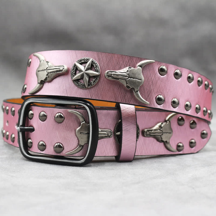 Silberner Stierkopf-Nietengürtel aus schwarzem Leder mit Schlangenhaut-Print