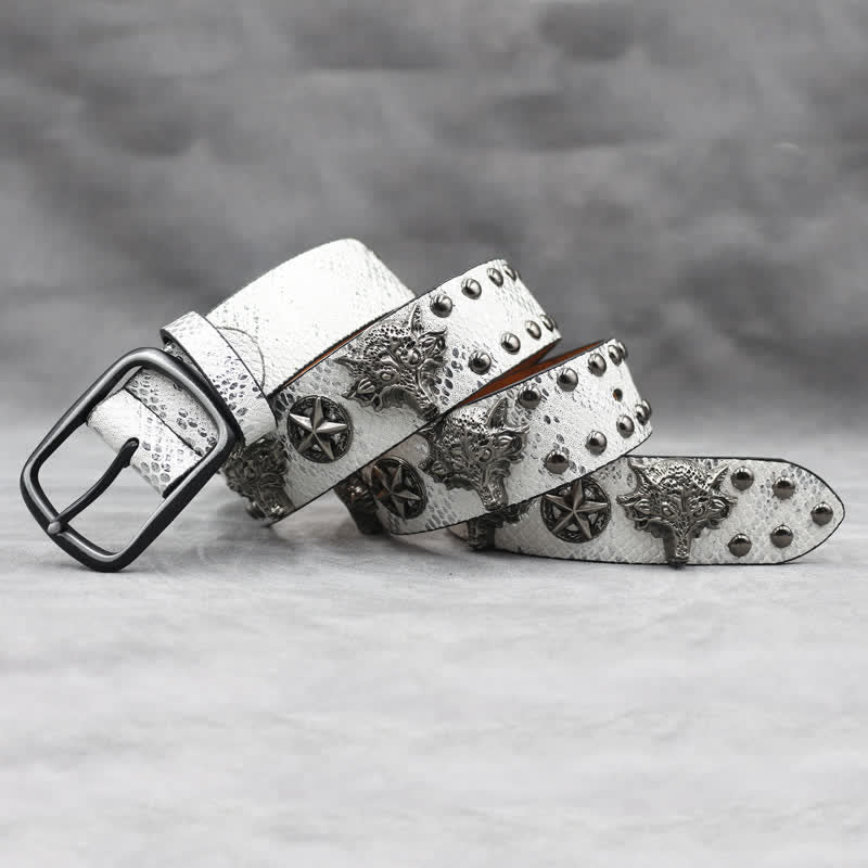 Antik Silber Wolfskopf Niete Schwarz Schlangenhaut Print Ledergürtel