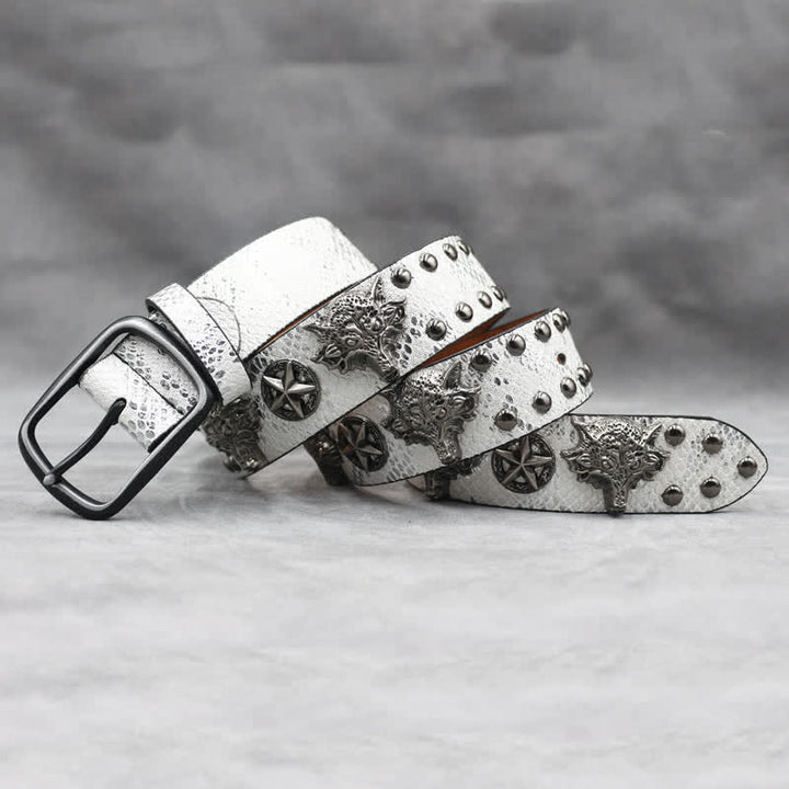 Antik Silber Wolfskopf Niete Schwarz Schlangenhaut Print Ledergürtel