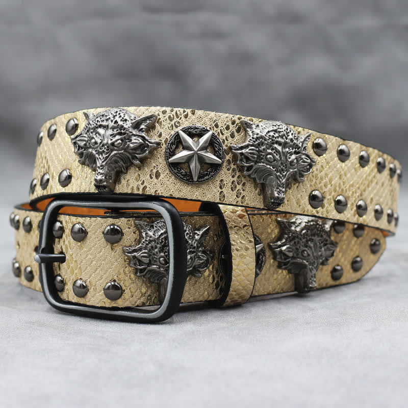Antik Silber Wolfskopf Niete Schwarz Schlangenhaut Print Ledergürtel