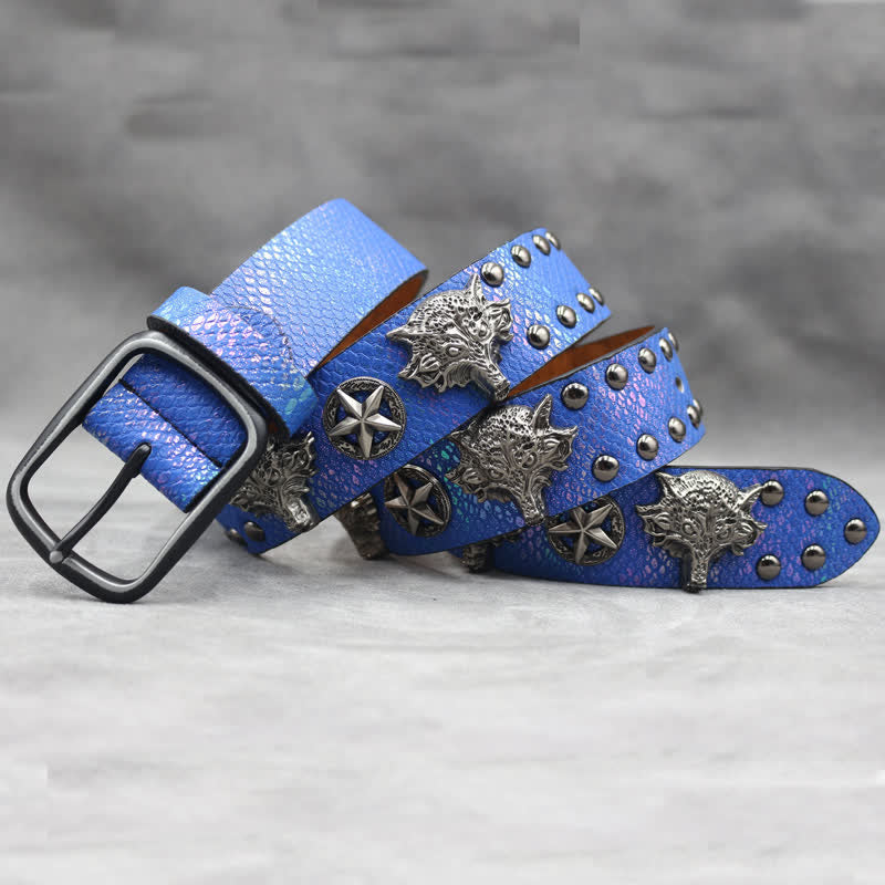 Antik Silber Wolfskopf Niete Schwarz Schlangenhaut Print Ledergürtel