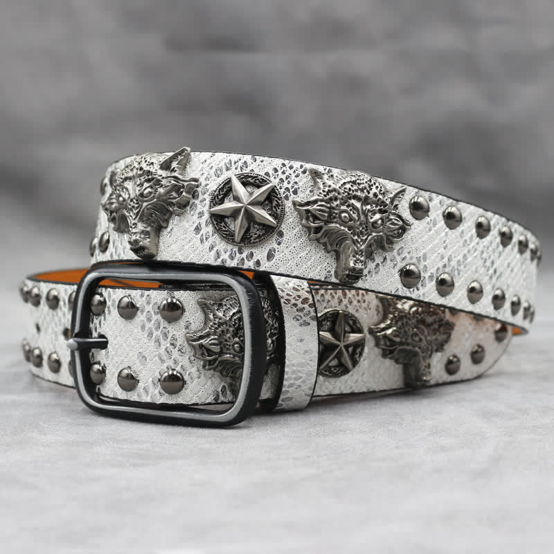 Antik Silber Wolfskopf Niete Schwarz Schlangenhaut Print Ledergürtel