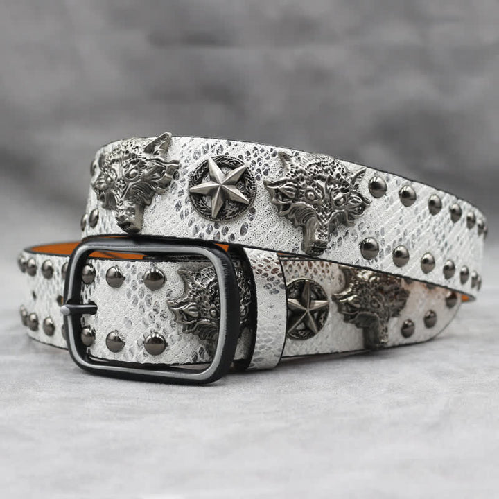 Antik Silber Wolfskopf Niete Schwarz Schlangenhaut Print Ledergürtel