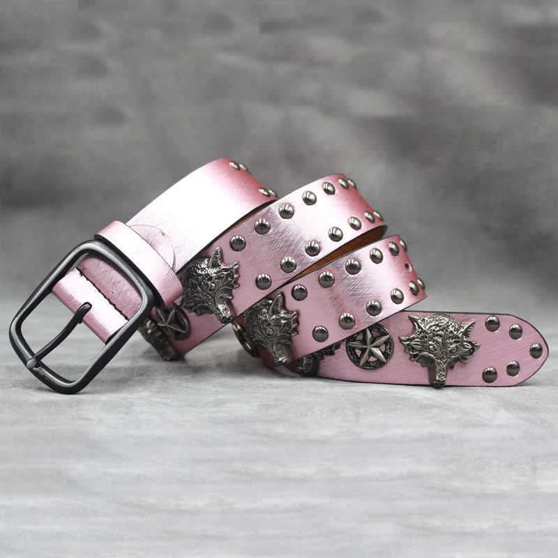 Antik Silber Wolfskopf Niete Schwarz Schlangenhaut Print Ledergürtel