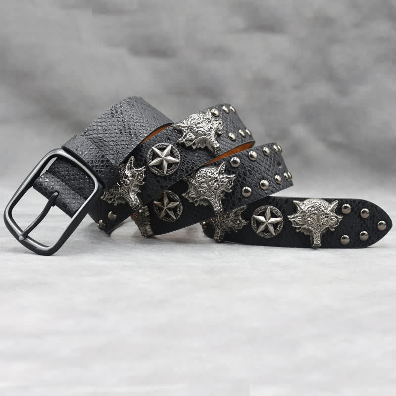 Antik Silber Wolfskopf Niete Schwarz Schlangenhaut Print Ledergürtel
