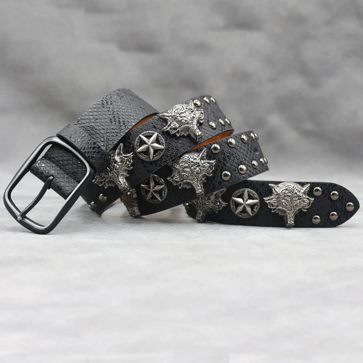 Antik Silber Wolfskopf Niete Schwarz Schlangenhaut Print Ledergürtel