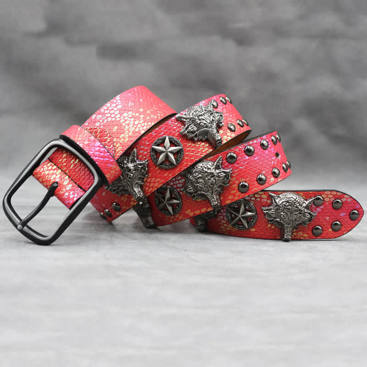 Antik Silber Wolfskopf Niete Schwarz Schlangenhaut Print Ledergürtel