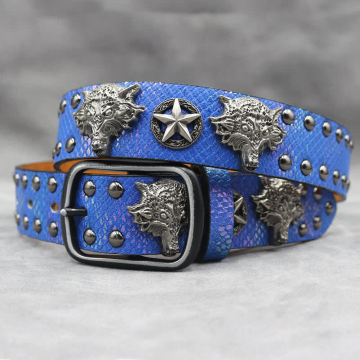 Antik Silber Wolfskopf Niete Schwarz Schlangenhaut Print Ledergürtel