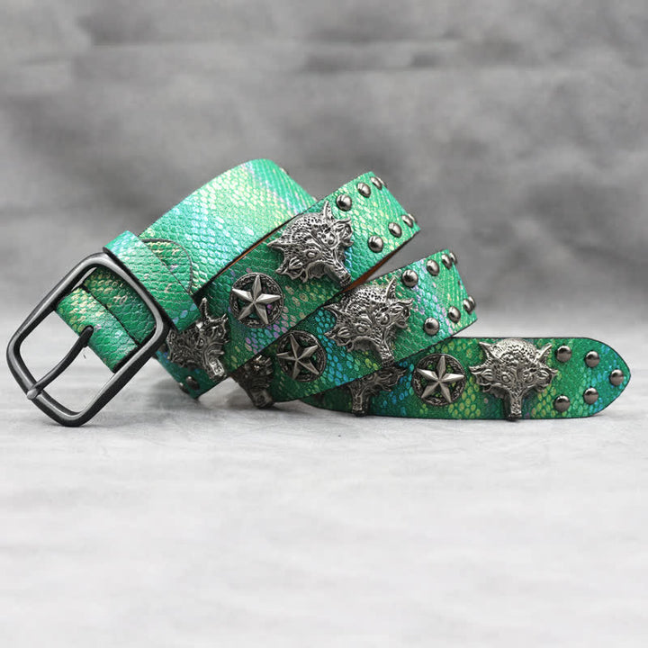 Antik Silber Wolfskopf Niete Schwarz Schlangenhaut Print Ledergürtel