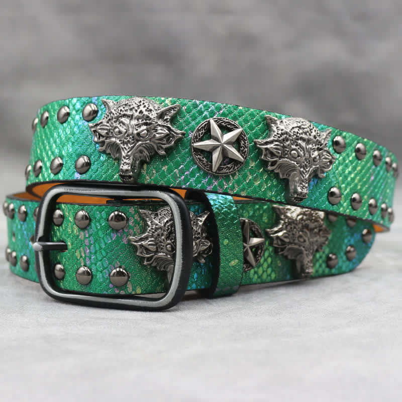 Antik Silber Wolfskopf Niete Schwarz Schlangenhaut Print Ledergürtel
