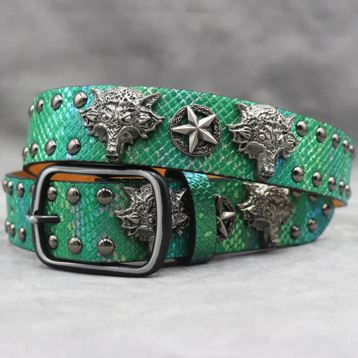 Antik Silber Wolfskopf Niete Schwarz Schlangenhaut Print Ledergürtel