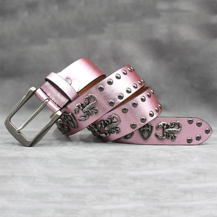 Antiksilberner Ledergürtel mit Skorpionnieten und schwarzem Schlangenhaut-Print