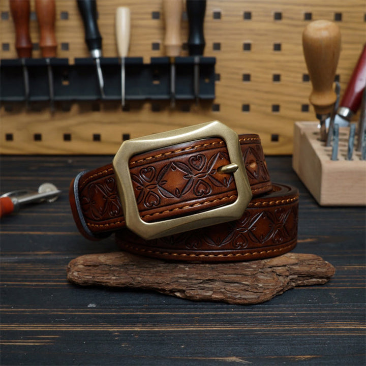 Western-Ledergürtel mit massiver Messingschnalle und Nähten