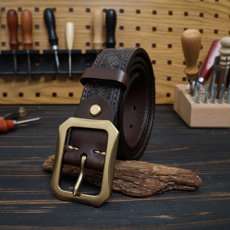 Western-Ledergürtel mit massiver Messingschnalle und Nähten