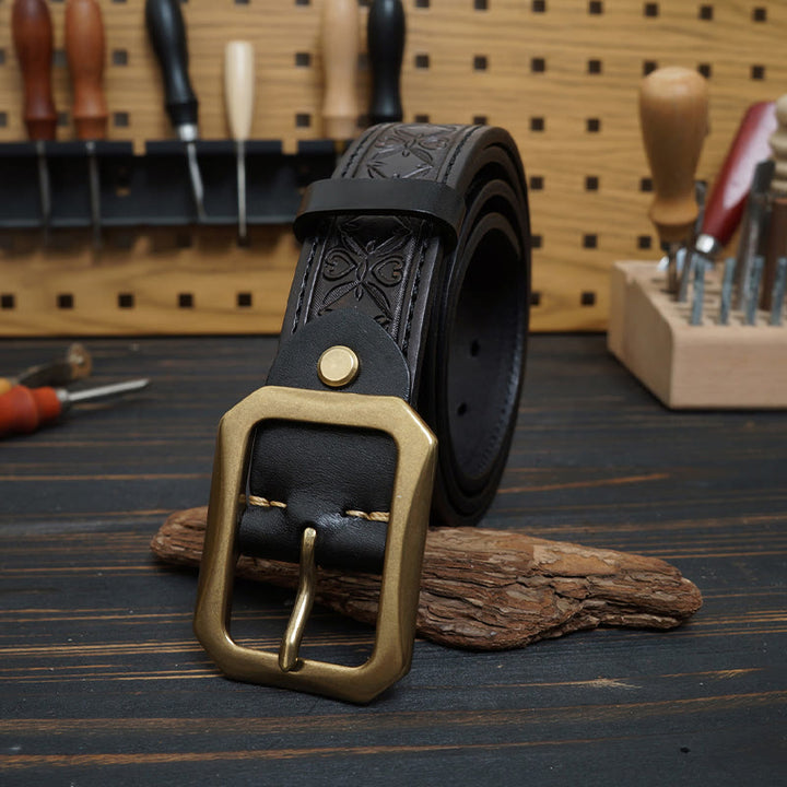 Western-Ledergürtel mit massiver Messingschnalle und Nähten