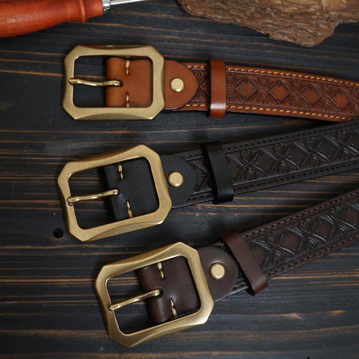 Western-Ledergürtel mit massiver Messingschnalle und Nähten