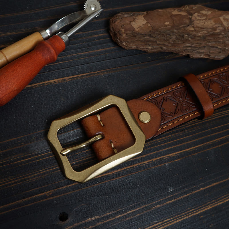 Western-Ledergürtel mit massiver Messingschnalle und Nähten