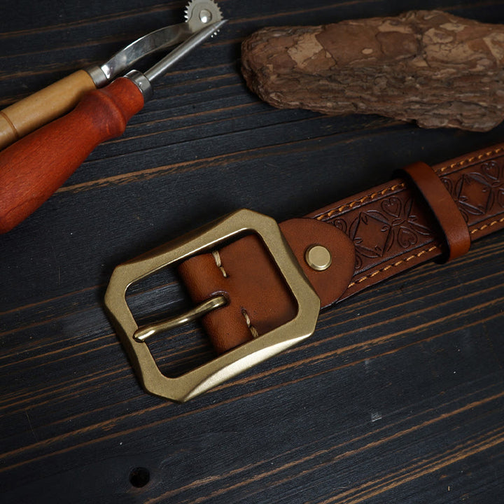 Western-Ledergürtel mit massiver Messingschnalle und Nähten
