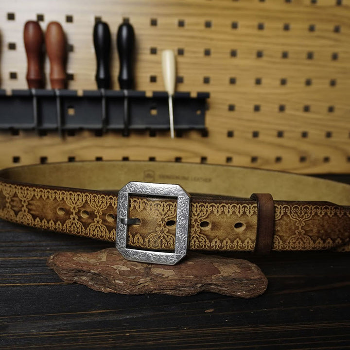 Western-Ledergürtel mit geprägter Edelstahlschnalle