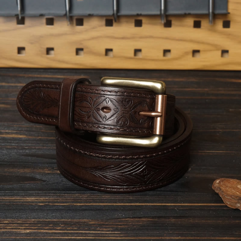 Western-Ledergürtel mit massiver Messingschnalle und geprägter Blume