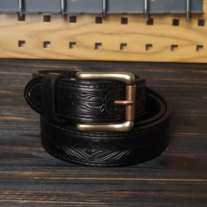 Western-Ledergürtel mit massiver Messingschnalle und geprägter Blume