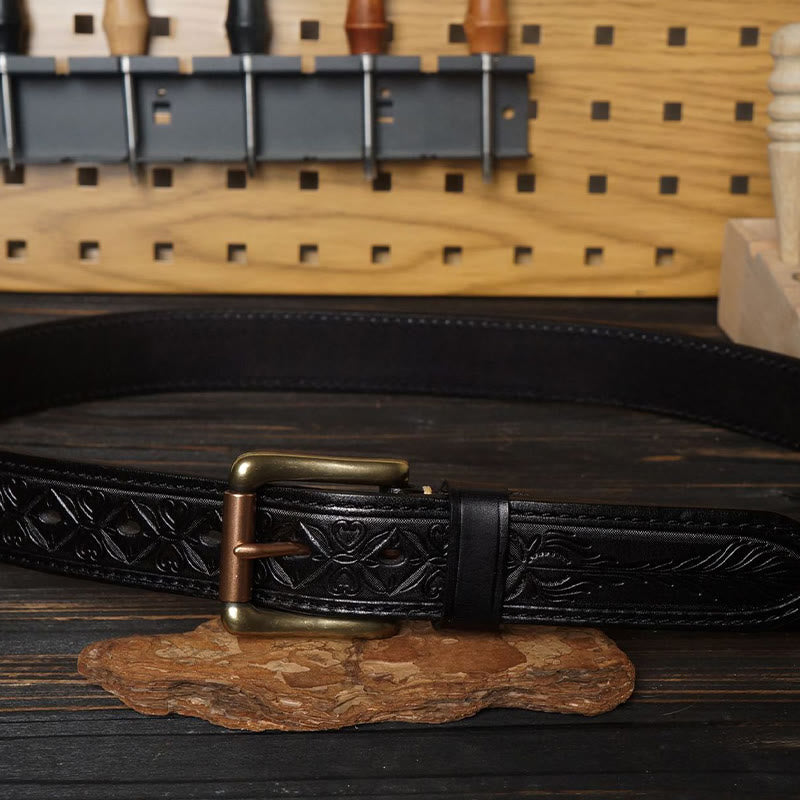 Western-Ledergürtel mit massiver Messingschnalle und geprägter Blume