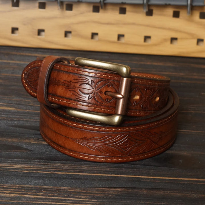 Western-Ledergürtel mit massiver Messingschnalle und geprägter Blume