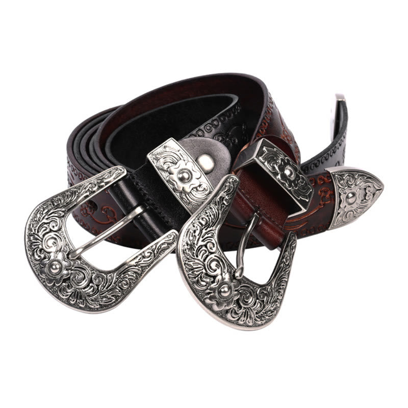 Silberner Westerngürtel aus geprägtem Leder mit Schnalle