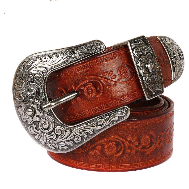 Silberner Westerngürtel aus geprägtem Leder mit Schnalle