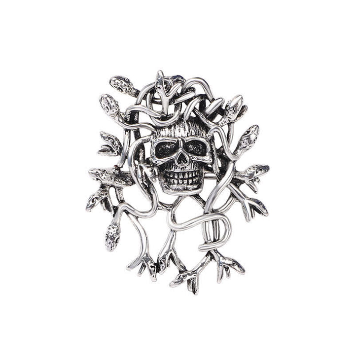 Übertriebene, mit einer Schlange umwickelte Totenkopf-Brosche