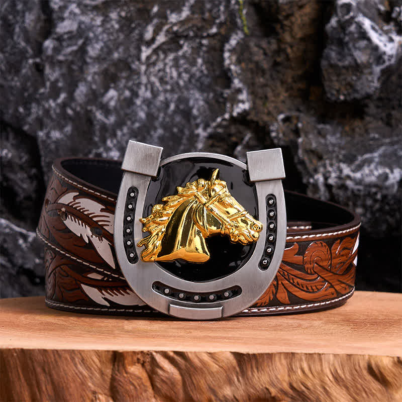 DIY Ledergürtel mit Hufeisenschnalle in Gold und Schwarz