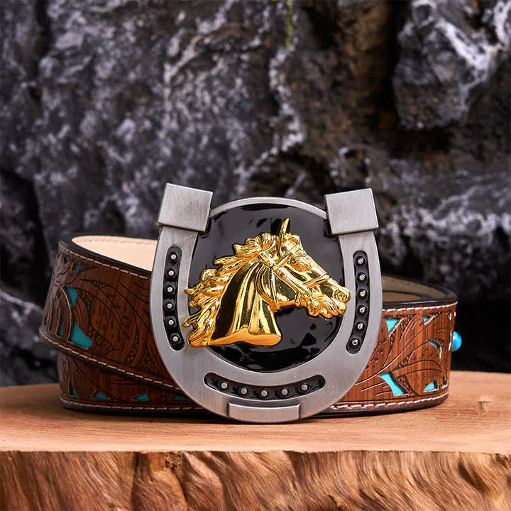 DIY Ledergürtel mit Hufeisenschnalle in Gold und Schwarz