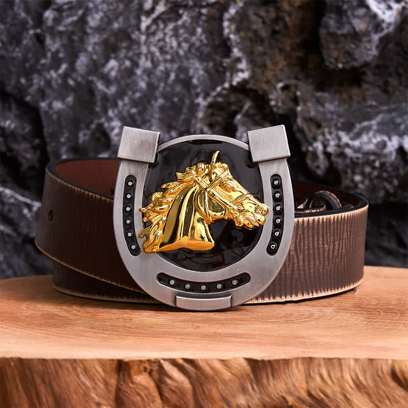 DIY Ledergürtel mit Hufeisenschnalle in Gold und Schwarz