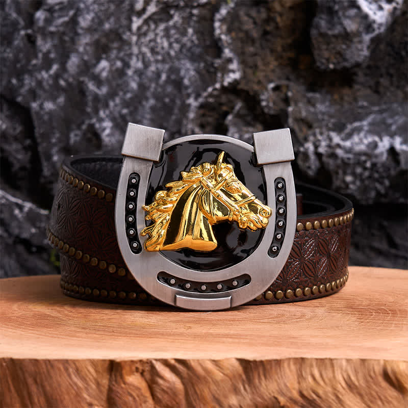 DIY Ledergürtel mit Hufeisenschnalle in Gold und Schwarz