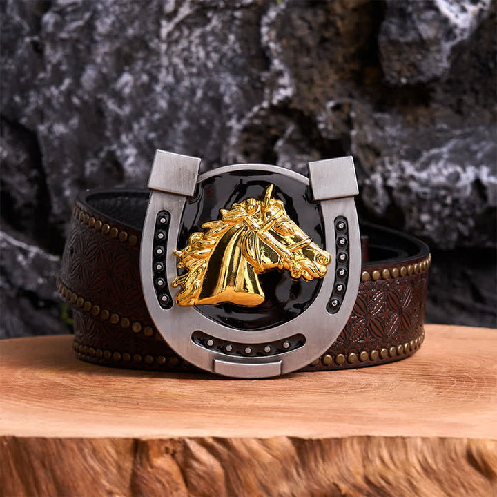 DIY Ledergürtel mit Hufeisenschnalle in Gold und Schwarz