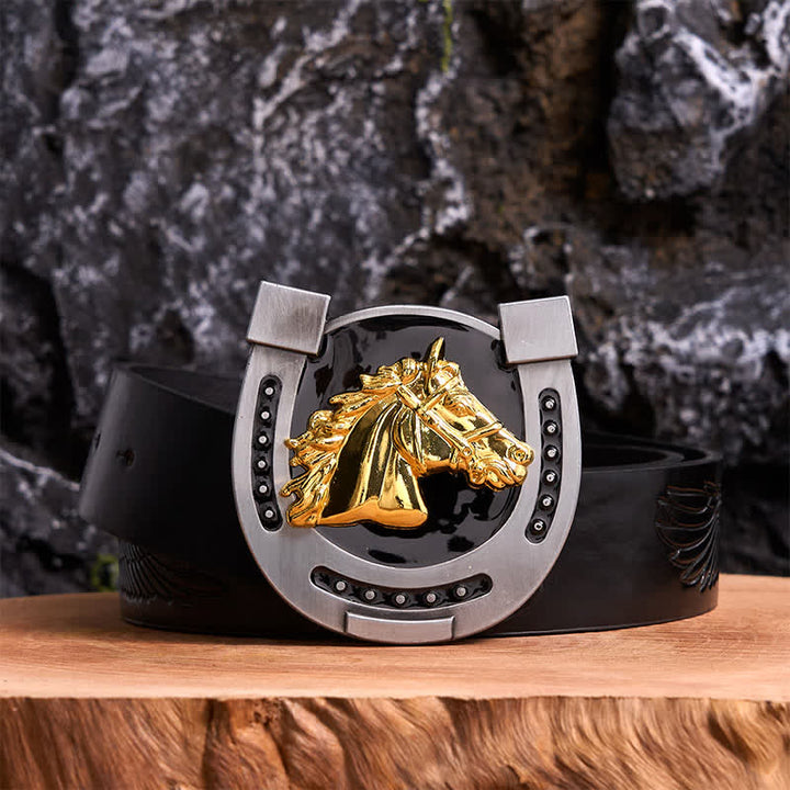 DIY Ledergürtel mit Hufeisenschnalle in Gold und Schwarz