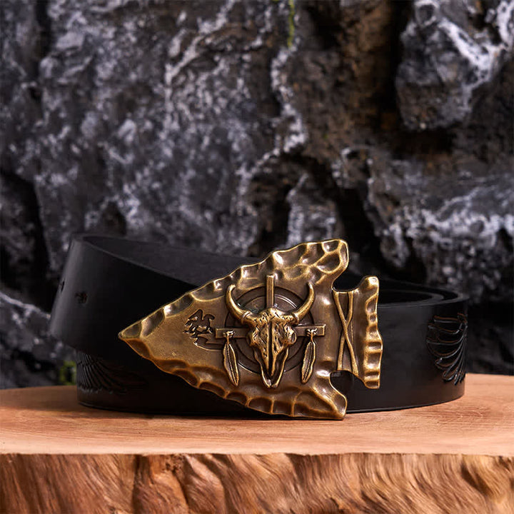 Bronzener Dreieck-DIY-Ledergürtel in Pfeilspitzenform mit Bullenschnalle