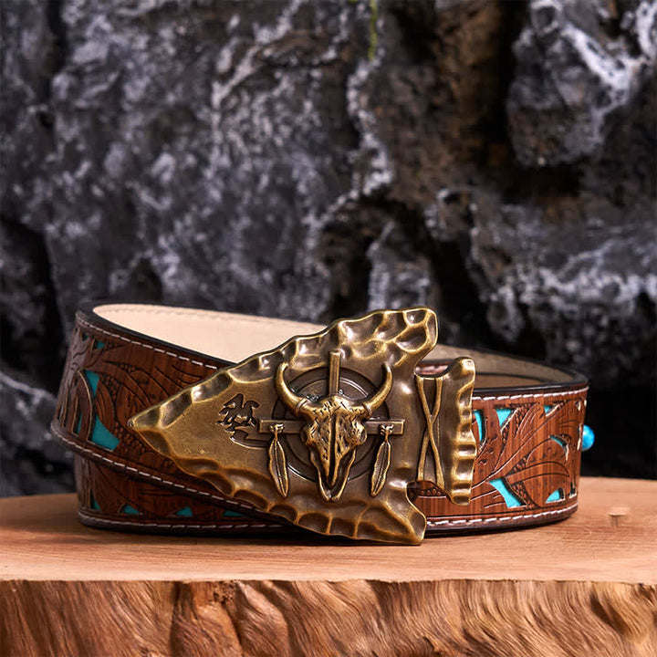 Bronzener Dreieck-DIY-Ledergürtel in Pfeilspitzenform mit Bullenschnalle