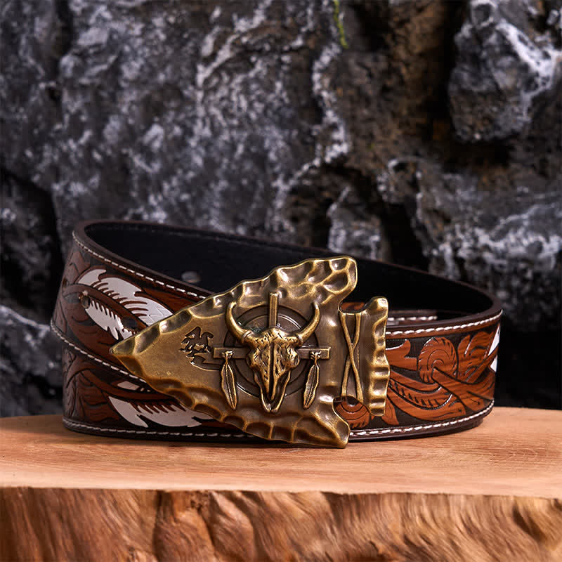 Bronzener Dreieck-DIY-Ledergürtel in Pfeilspitzenform mit Bullenschnalle