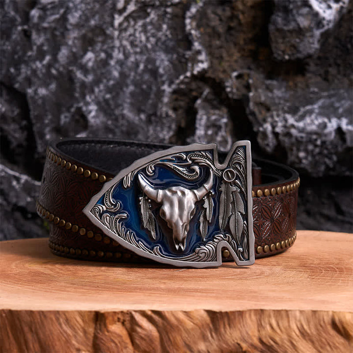 Marineblauer DIY-Ledergürtel mit Pfeilspitzen-Bullenschnalle aus Emaille