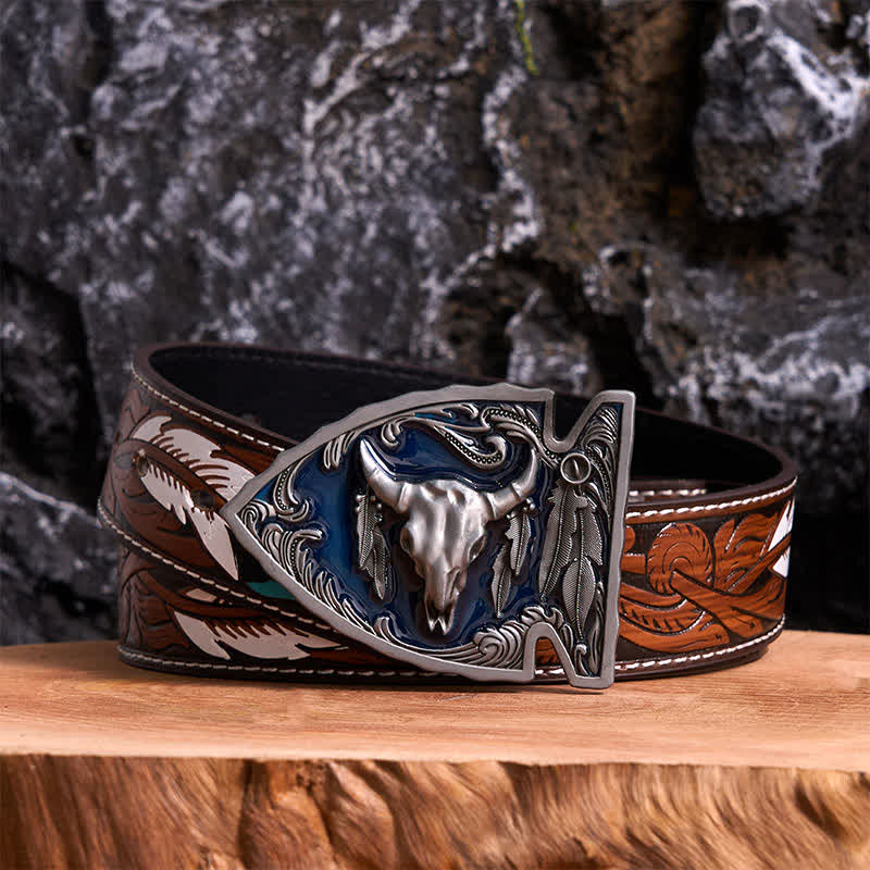 Marineblauer DIY-Ledergürtel mit Pfeilspitzen-Bullenschnalle aus Emaille