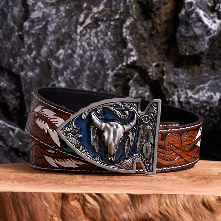 Marineblauer DIY-Ledergürtel mit Pfeilspitzen-Bullenschnalle aus Emaille