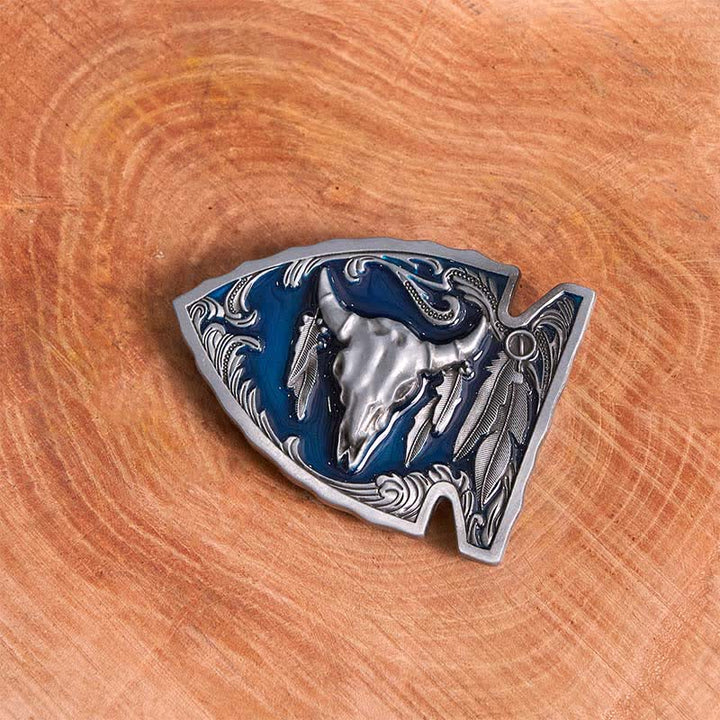 Marineblauer DIY-Ledergürtel mit Pfeilspitzen-Bullenschnalle aus Emaille