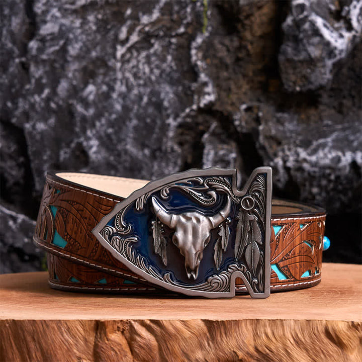 Marineblauer DIY-Ledergürtel mit Pfeilspitzen-Bullenschnalle aus Emaille