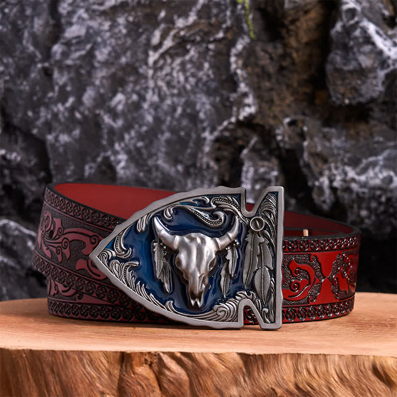 Marineblauer DIY-Ledergürtel mit Pfeilspitzen-Bullenschnalle aus Emaille