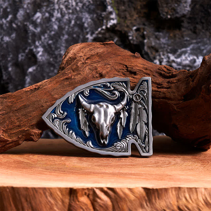 Marineblauer DIY-Ledergürtel mit Pfeilspitzen-Bullenschnalle aus Emaille