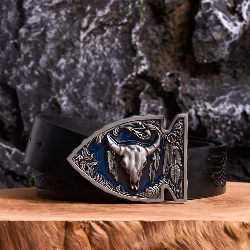 Marineblauer DIY-Ledergürtel mit Pfeilspitzen-Bullenschnalle aus Emaille