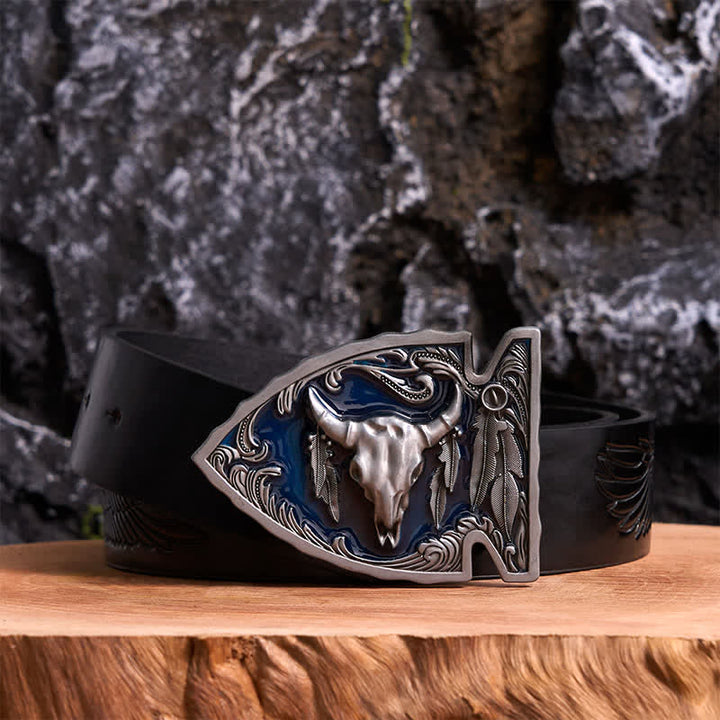 Marineblauer DIY-Ledergürtel mit Pfeilspitzen-Bullenschnalle aus Emaille