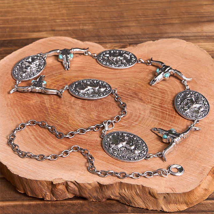 Damen Western Concho Gürtel Taillenkette mit Stierkopf-Imitat in Türkis