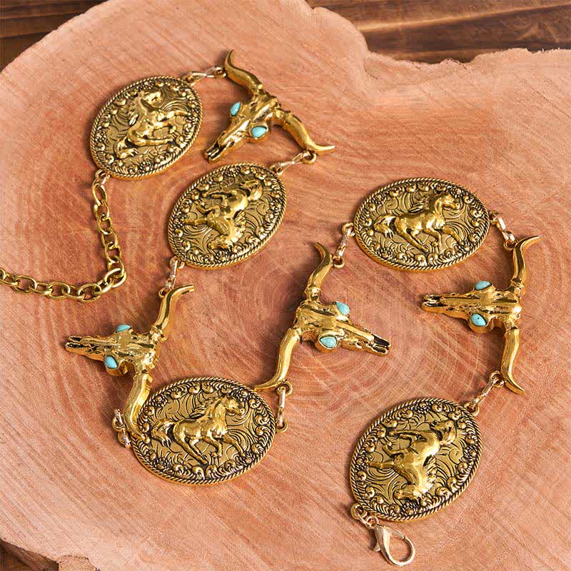 Damen Western Concho Gürtel Taillenkette mit Stierkopf-Imitat in Türkis